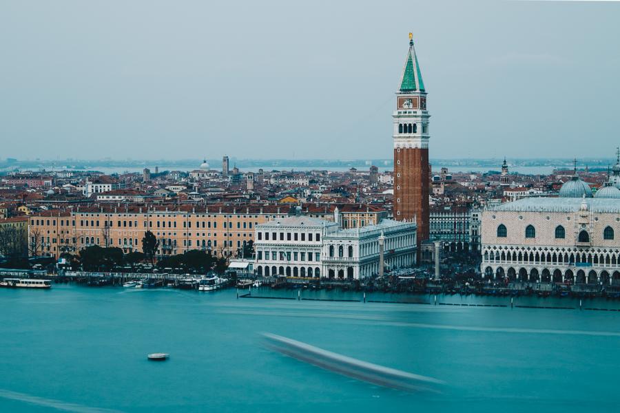 View of St. Mark's Square from San Giorgio Maggiore, Venice in April.