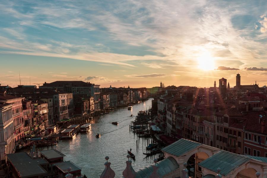 View of the Grand Canal from the Fondaco dei Tedeschi, Venice, Italy.