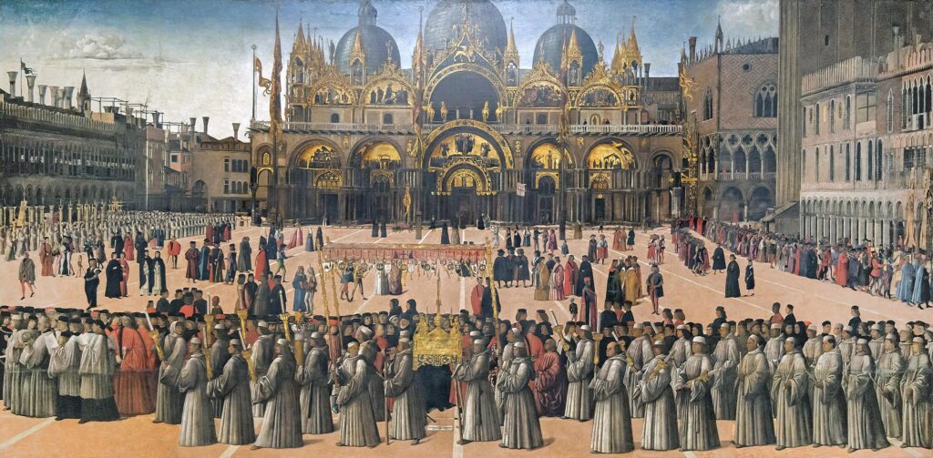 Religiöse Prozession in Piazza San Marco, Gemälde von Gentile Bellini um 1496