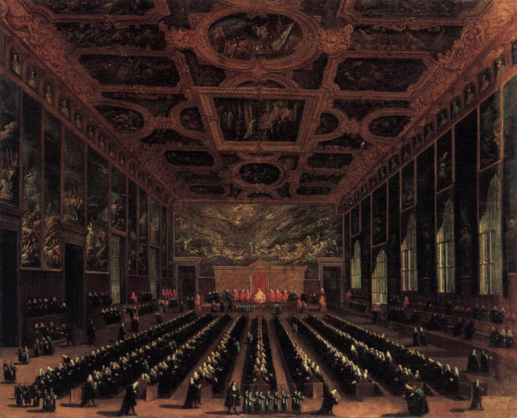 Die "Sala del Maggio Consiglio" im Dogenpalast in einem Gemäöde von Antonio Diziani um 1760.