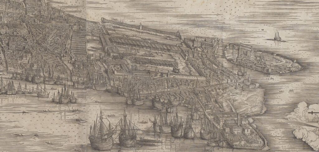 Jacopo de Barbari - Blick auf Venedig - Ausschnitt mit Fokus auf das Arsenale von Venedig
